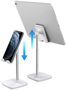aduro elevate phone & tablet holder stand, adjustable height cell phone stand holder for desk compatible with iphone ipad galaxy all phones & tablets (white)