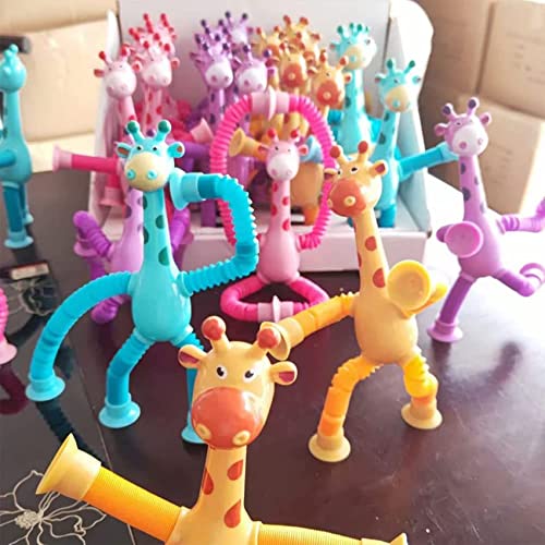 nIIANG 4 Pcs Telescopic Suction Cup Giraffe Toy, Shape-Changing Giraffe Telescopic Tube Cartoon Toys, Stretch Novel Giraffe Toys, Educational Stress Relief Giraffe Toys for Kids (Without Light)