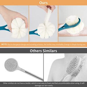 Shower Body Brush with Bristles and Loofah, Frosted Bath Net Sponge with 15 Inch Handle for Skin Exfoliation Shower, Massage Bristles, Wet Or Dry Brushing,Back Brush for Men and Women,Green