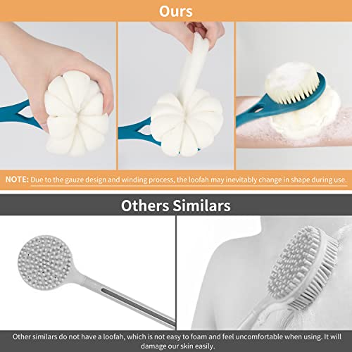 Shower Body Brush with Bristles and Loofah, Frosted Bath Net Sponge with 15 Inch Handle for Skin Exfoliation Shower, Massage Bristles, Wet Or Dry Brushing,Back Brush for Men and Women,Green