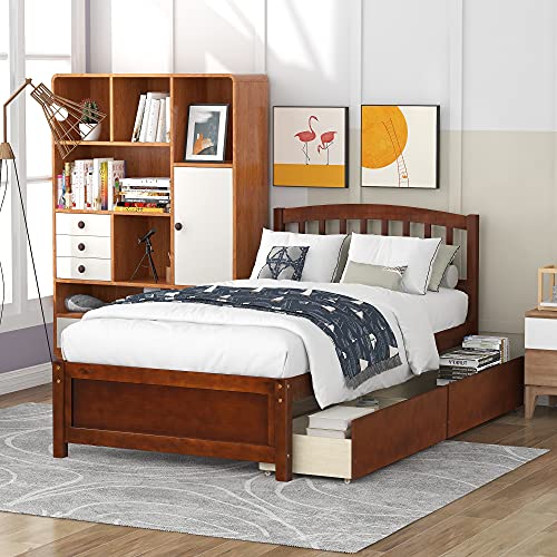 Harper & Bright Designs Twin Bed Frame, Wood Platform Bed with Storage Drawers and Headboard (Walnut)