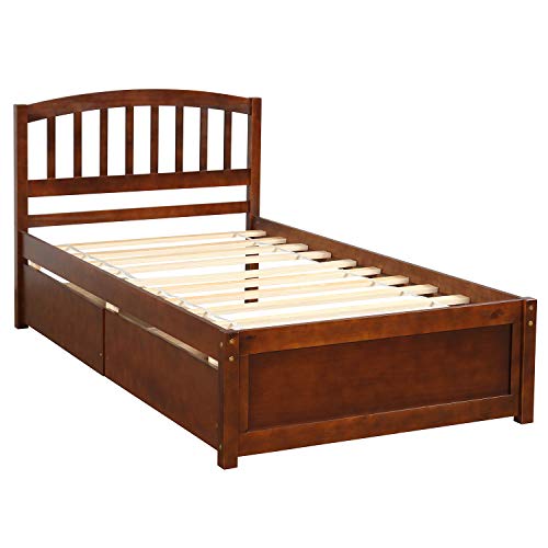 Harper & Bright Designs Twin Bed Frame, Wood Platform Bed with Storage Drawers and Headboard (Walnut)