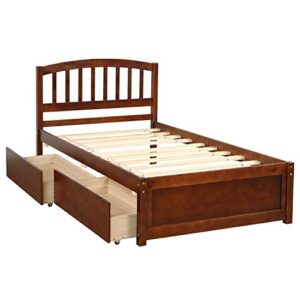 Harper & Bright Designs Twin Bed Frame, Wood Platform Bed with Storage Drawers and Headboard (Walnut)