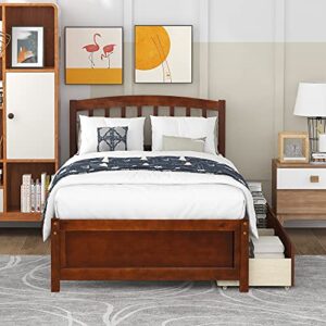 Harper & Bright Designs Twin Bed Frame, Wood Platform Bed with Storage Drawers and Headboard (Walnut)