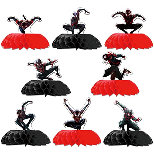 8Pcs Miles Morales Honeycomb Centerpieces Set Spider Double Sided Table Toppers, Black Spider Birthday Party Decoration and Supplies for Birthday Party Favor Baby Shower Decorations