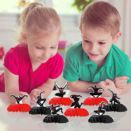 8Pcs Miles Morales Honeycomb Centerpieces Set Spider Double Sided Table Toppers, Black Spider Birthday Party Decoration and Supplies for Birthday Party Favor Baby Shower Decorations