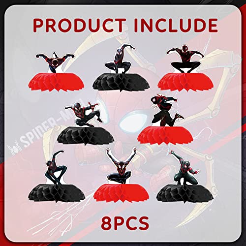 8Pcs Miles Morales Honeycomb Centerpieces Set Spider Double Sided Table Toppers, Black Spider Birthday Party Decoration and Supplies for Birthday Party Favor Baby Shower Decorations