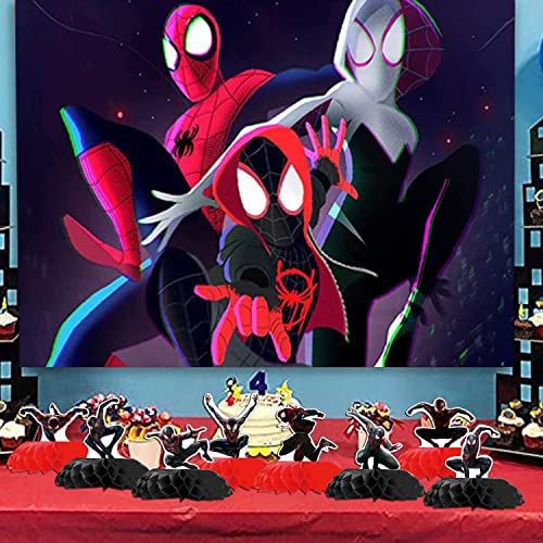 8Pcs Miles Morales Honeycomb Centerpieces Set Spider Double Sided Table Toppers, Black Spider Birthday Party Decoration and Supplies for Birthday Party Favor Baby Shower Decorations