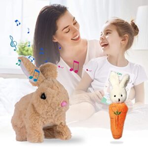 festivalcos bunny toys interactive toys bunnies can walk and talk, easter plush stuffed bunny toy walking rabbit educational toys for kids, hopping wiggle ears twitch nose (brown, with carrot)