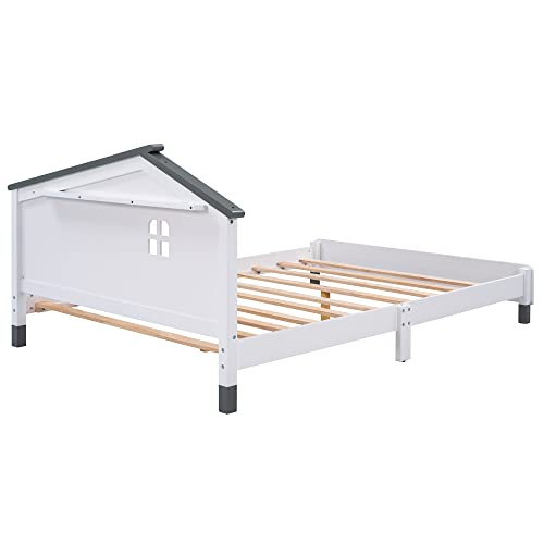 Merax Kids Beds with House Frame Headboard Full Size, Fun Wood Low Bed Frame for Boys,Girls, No Box Spring Need (Full, White+Gray)