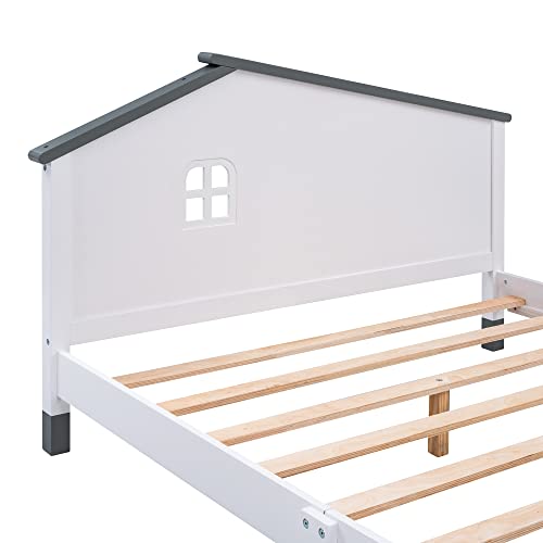 Merax Kids Beds with House Frame Headboard Full Size, Fun Wood Low Bed Frame for Boys,Girls, No Box Spring Need (Full, White+Gray)