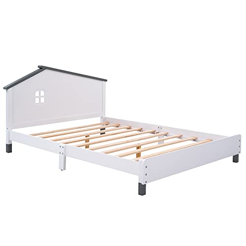 Merax Kids Beds with House Frame Headboard Full Size, Fun Wood Low Bed Frame for Boys,Girls, No Box Spring Need (Full, White+Gray)