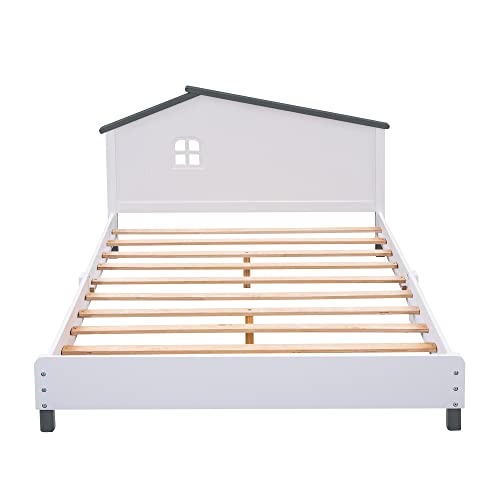 Merax Kids Beds with House Frame Headboard Full Size, Fun Wood Low Bed Frame for Boys,Girls, No Box Spring Need (Full, White+Gray)