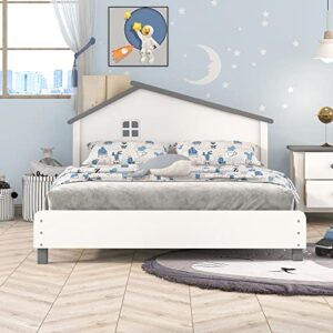 Merax Kids Beds with House Frame Headboard Full Size, Fun Wood Low Bed Frame for Boys,Girls, No Box Spring Need (Full, White+Gray)