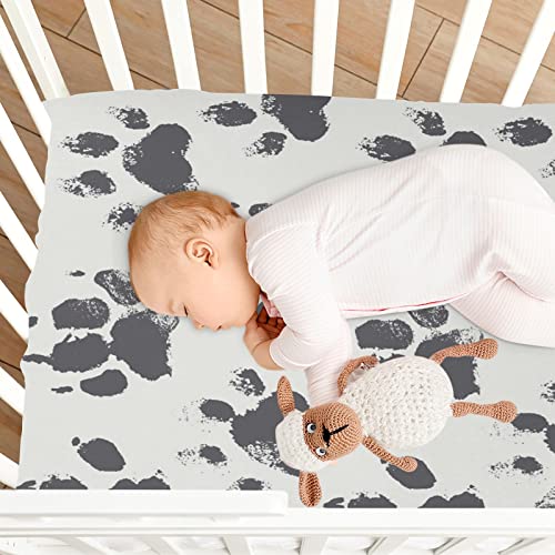 Fitted Crib Sheet for Boys Girls, Messy Dog Paw Jersey Knit Baby Sheet for Standard Crib and Toddler Bed Mattresses, Cozy Soft Breathable, 28 x 52 in