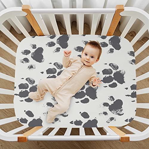 Fitted Crib Sheet for Boys Girls, Messy Dog Paw Jersey Knit Baby Sheet for Standard Crib and Toddler Bed Mattresses, Cozy Soft Breathable, 28 x 52 in