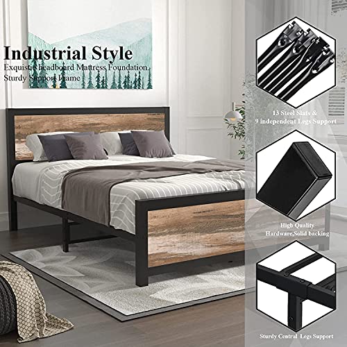 Full Size Bed Frames with Headboard Full Platform Bed Frame Rustic Wood Platform Metal Bed Frame Full Size Bed Frames with Storage No Box Spring Needed Heavy Duty Slat Support (Industrial Brown, Full)
