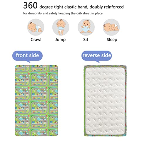 Car Race Track Themed Fitted Crib Sheet,Standard Crib Mattress Fitted Sheet Soft & Stretchy Fitted Crib Sheet-Baby Sheet for Boys Girls, 28“ x52“,Multicolor