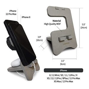 Cell Phone Wood Holder for Desk - Gray - MDF Wooden Phone Stand Compatible with iPhone, Apple Watch, and AirPods Premium Cell Phone Desk Stand Holder for Men and Women the Office Desktop Accessories