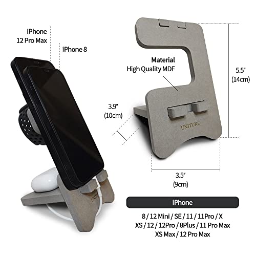 Cell Phone Wood Holder for Desk - Gray - MDF Wooden Phone Stand Compatible with iPhone, Apple Watch, and AirPods Premium Cell Phone Desk Stand Holder for Men and Women the Office Desktop Accessories