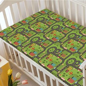 Car Race Track Themed Fitted Crib Sheet,Standard Crib Mattress Fitted Sheet Soft & Stretchy Fitted Crib Sheet-Baby Sheet for Boys Girls, 28“ x52“,Multicolor