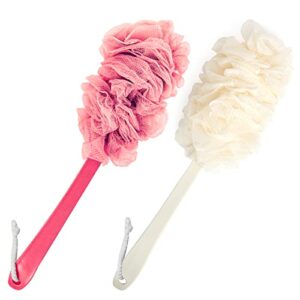 back scrubber for shower, qewro loofah on a stick as shower brush exfoliating body with long handle, loofah sponge mens loofah bathing accessories for women (2pack)