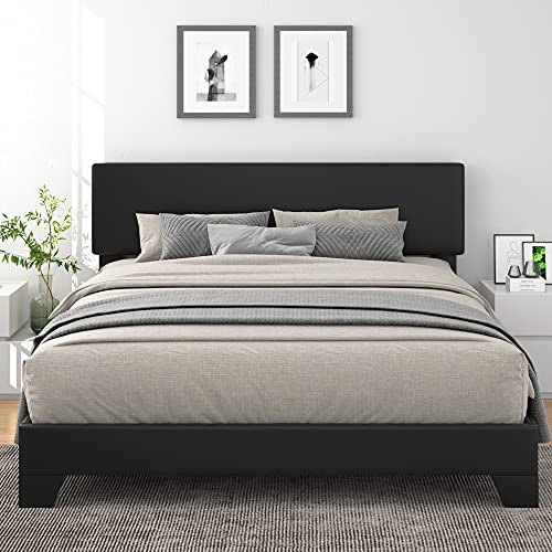 Allewie King Size Upholstered Platform Bed Frame with Adjustable Headboard, Sturdy Wood Slat Support, Easy Assembly, Black