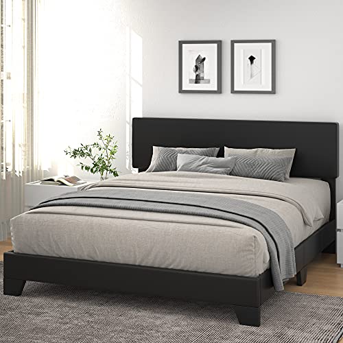 Allewie King Size Upholstered Platform Bed Frame with Adjustable Headboard, Sturdy Wood Slat Support, Easy Assembly, Black