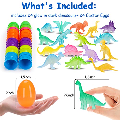 24 PCS Easter Eggs Filled with Dinosaur Toys for Kids Glow in Dark Easter Basket Stuffers for Toddler Boys Girls Easter Gifts Decorations Egg Hunt Games Goodie Bags Pinata Fillers Dino Party Favors