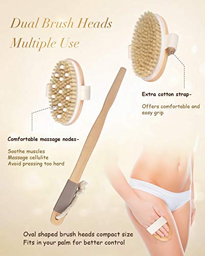 Shower Brush, POPCHOSE Detachable Dry Brushing Body Brush for Body Cellulite and Lymphatic, Back Scrubber for Shower Long Handle Natural Bristle Exfoliator Scrubber, Dual Brush Heads for Women & Man