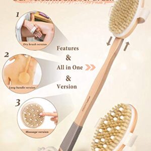 Shower Brush, POPCHOSE Detachable Dry Brushing Body Brush for Body Cellulite and Lymphatic, Back Scrubber for Shower Long Handle Natural Bristle Exfoliator Scrubber, Dual Brush Heads for Women & Man