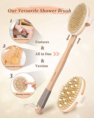 Shower Brush, POPCHOSE Detachable Dry Brushing Body Brush for Body Cellulite and Lymphatic, Back Scrubber for Shower Long Handle Natural Bristle Exfoliator Scrubber, Dual Brush Heads for Women & Man