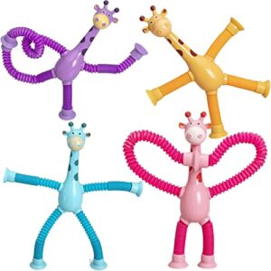 telescopic suction cup giraffe toy, sensory pulling toys, motor skills toys for parent-child, cartoon telescopic tube giraffe educational decompression toy (4pcs-b with light)
