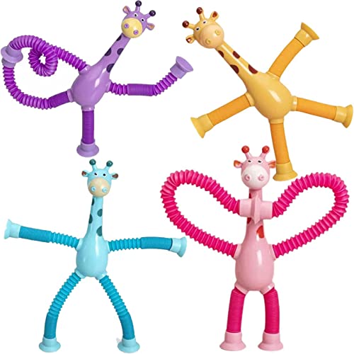 Telescopic Suction Cup Giraffe Toy, Sensory Pulling Toys, Motor Skills Toys for Parent-Child, Cartoon Telescopic Tube Giraffe Educational Decompression Toy (4PCS-B with Light)