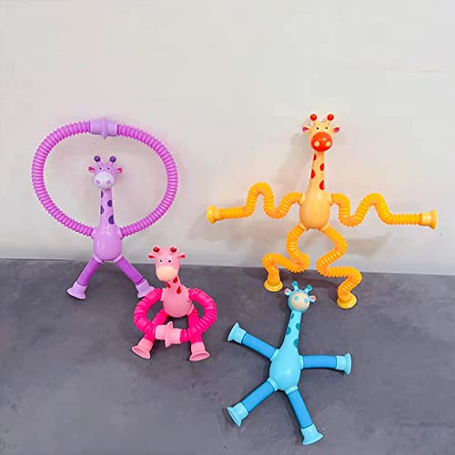 Telescopic Suction Cup Giraffe Toy, Sensory Pulling Toys, Motor Skills Toys for Parent-Child, Cartoon Telescopic Tube Giraffe Educational Decompression Toy (4PCS-B with Light)