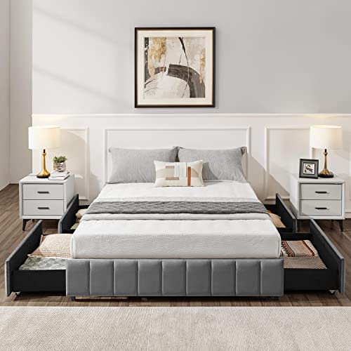 Yaheetech Platform Bed Frame with 4 Storage Drawers, Upholstered Bed Frame with Strong Wooden Slats/Mattress Foundation/No Fixed Headboard/No Box Spring Needed/Large Storage Space,Dark Grey-Full