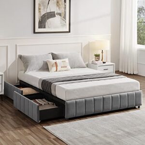 Yaheetech Platform Bed Frame with 4 Storage Drawers, Upholstered Bed Frame with Strong Wooden Slats/Mattress Foundation/No Fixed Headboard/No Box Spring Needed/Large Storage Space,Dark Grey-Full