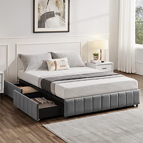 Yaheetech Platform Bed Frame with 4 Storage Drawers, Upholstered Bed Frame with Strong Wooden Slats/Mattress Foundation/No Fixed Headboard/No Box Spring Needed/Large Storage Space,Dark Grey-Full