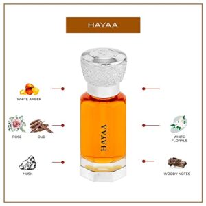 HAYAA Perfume Oil (Limited Edition) 12mL | Alcohol Free Natural Blend Fragrance/Body CPO | White Amber, Rose, White Musk, Dry Wood | Long Lasting Attar | for Men and Women | by Swiss Arabian Oud