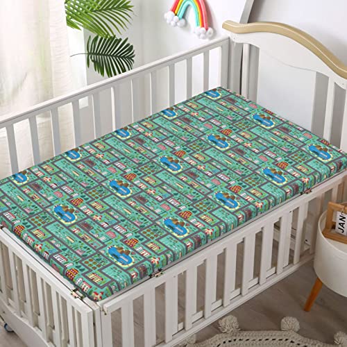 Car Race Track Themed Fitted Crib Sheet,Standard Crib Mattress Fitted Sheet Soft & Stretchy Fitted Crib Sheet-Baby Sheet for Boys Girls, 28“ x52“,Multicolor