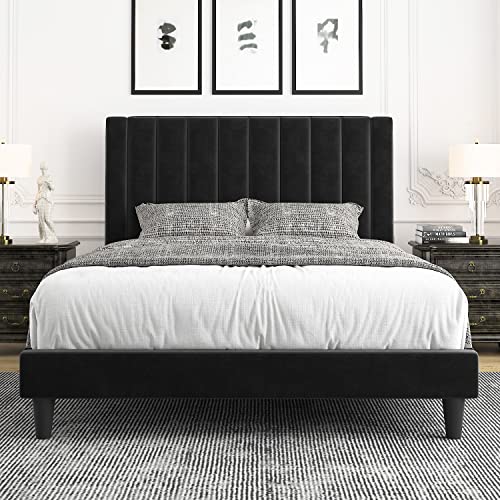 Allewie Queen Bed Frame/Velvet Upholstered Bed Frame with Vertical Channel Tufted Headboard/Strong Wooden Slats/Platform Bed Frame/Mattress Foundation/Box Spring Optional/Easy Assembly/Black…