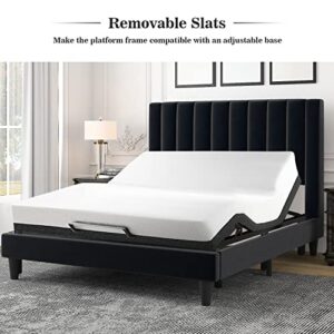 Allewie Queen Bed Frame/Velvet Upholstered Bed Frame with Vertical Channel Tufted Headboard/Strong Wooden Slats/Platform Bed Frame/Mattress Foundation/Box Spring Optional/Easy Assembly/Black…