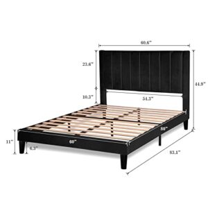 Allewie Queen Bed Frame/Velvet Upholstered Bed Frame with Vertical Channel Tufted Headboard/Strong Wooden Slats/Platform Bed Frame/Mattress Foundation/Box Spring Optional/Easy Assembly/Black…