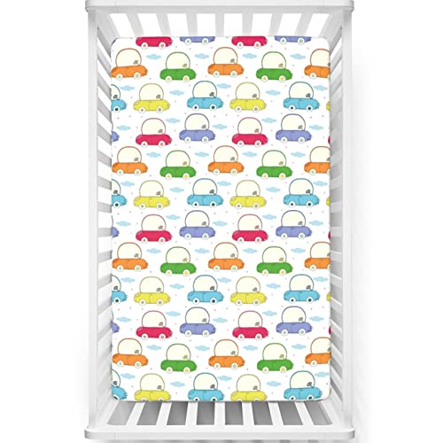 Cars Themed Fitted Crib Sheet,Standard Crib Mattress Fitted Sheet Ultra Soft Material-Crib Mattress Sheet or Toddler Bed Sheet, 28“ x52“,Multicolor