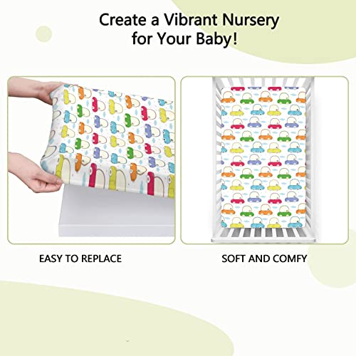 Cars Themed Fitted Crib Sheet,Standard Crib Mattress Fitted Sheet Ultra Soft Material-Crib Mattress Sheet or Toddler Bed Sheet, 28“ x52“,Multicolor