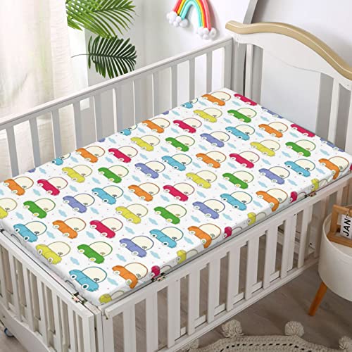 Cars Themed Fitted Crib Sheet,Standard Crib Mattress Fitted Sheet Ultra Soft Material-Crib Mattress Sheet or Toddler Bed Sheet, 28“ x52“,Multicolor