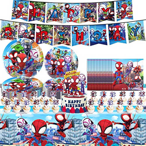 Spider and His Amazing Friends Birthday Party Supplies，Spider Theme Party Decorations With 20 Plates 10 Paper Towels 1 Tablecloth 1 Set of Banners and Cake Inserts， for Fans SPlDERMER Party Supplies