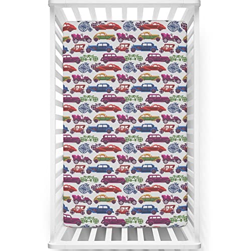 Cars Themed Fitted Crib Sheet,Standard Crib Mattress Fitted Sheet Toddler Bed Mattress Sheets-Crib Mattress Sheet or Toddler Bed Sheet, 28“ x52“,Pale Grey and Multicolor