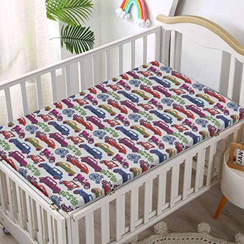 Cars Themed Fitted Crib Sheet,Standard Crib Mattress Fitted Sheet Toddler Bed Mattress Sheets-Crib Mattress Sheet or Toddler Bed Sheet, 28“ x52“,Pale Grey and Multicolor