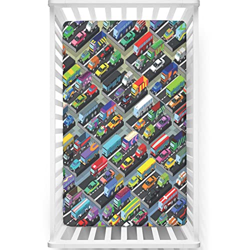 Cars Themed Fitted Crib Sheet,Standard Crib Mattress Fitted Sheet Soft Toddler Mattress Sheet Fitted-Crib Mattress Sheet or Toddler Bed Sheet, 28“ x52“,Multicolor